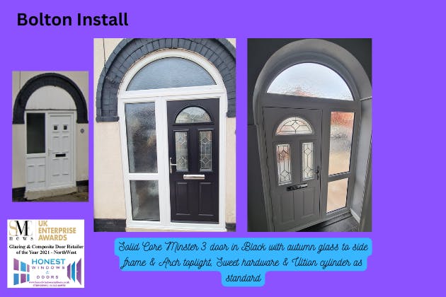 Solid Core Minster 3 composite door in black with autumn glazing to sideframe & arched toplight, chrome sweet hardware & ultion cylinder