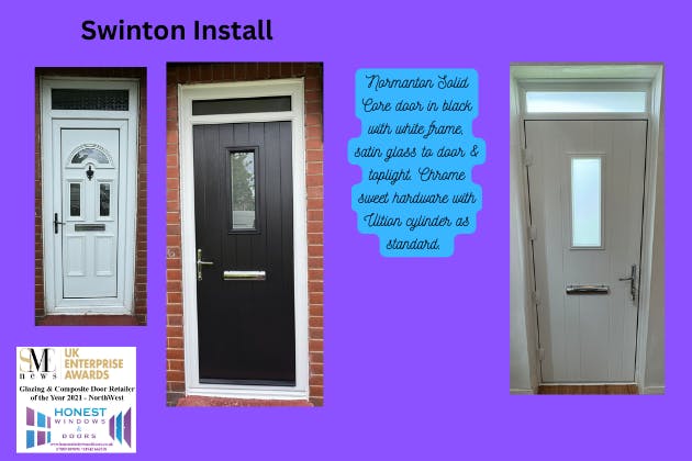 Solid Core Normanton door in black with satin glazing and toplight, chrome sweet hardware & Ultion cylinder