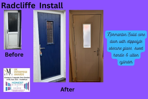 Normanton solid core door in blue with stippolyte glass