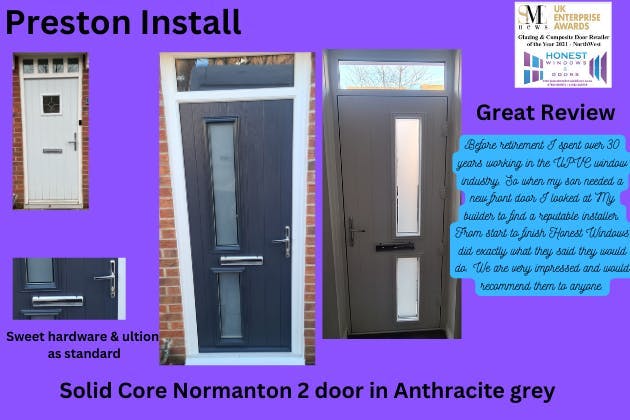 Normanton 2 hinge Solid Core door in anthracite grey with glacier glass sweet hardware & Ultion as standard