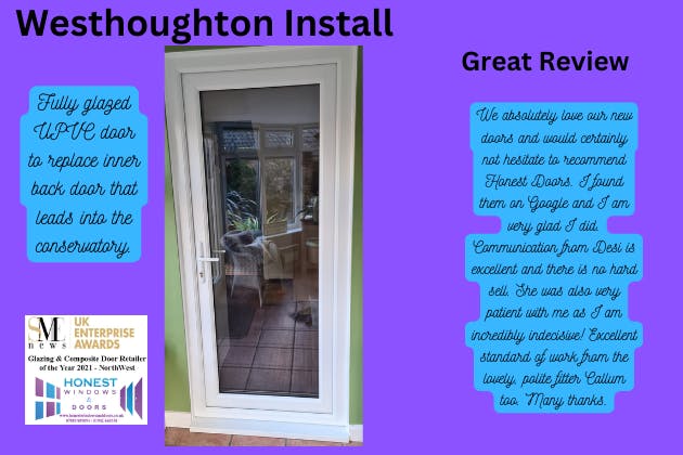 Fully glazed toughened A rated UPVC door with sweet handle & ultion cylinder