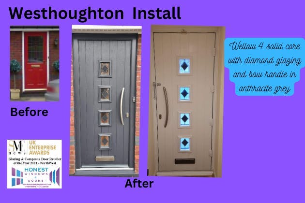 Wellow 4 solid core door in anthracite grey with diamond glazing and bow handle