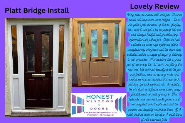 Maple Solid core door in Rosewood with Minster glazing to door & sideframes, gold sweet hardware & ultion cylinder.