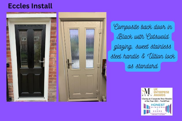 Black composite door with Cotswold glazing, sweet handle & ultion cylinder as standard