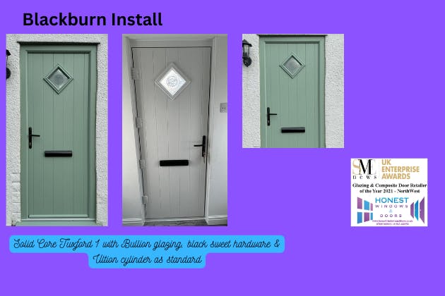 Chartwell green Solid core Tuxford 1 door with black sweet hardware & Bullion glass, Ultion cylinder as standard