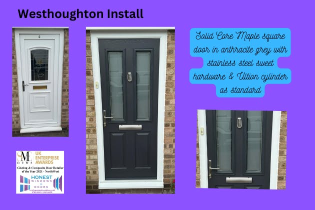 Solid core maple door in anthracite grey with glacier glass & Stainless steel sweet hardware, Ultion cylinder as standard