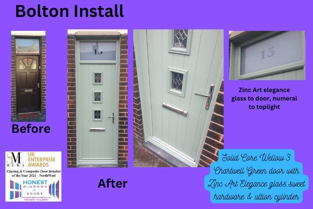Wellow 3 solid core door in chartwell green including frame, zinc art elegance glass & numeral in toplight