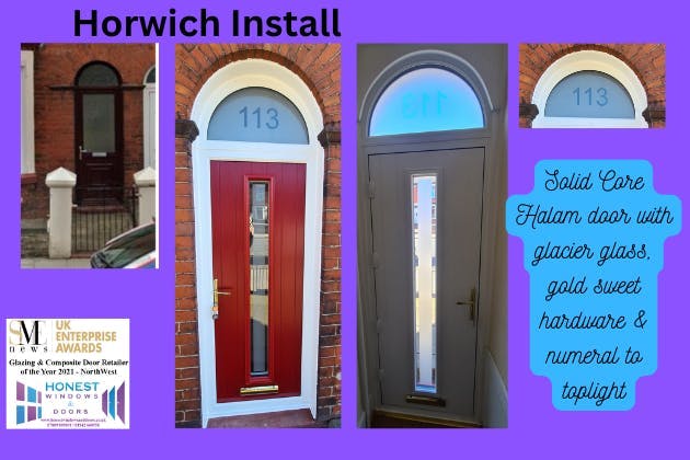 Solid core Halam door in Red with glacier glass & gold sweet hardware & ultion cylinder